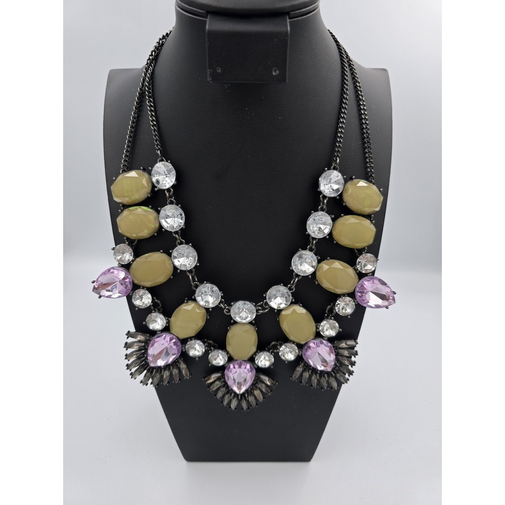 Statement Bib Necklace Multi-Color Rhinestone & Cabochon Fashion Jewelry - Picture 7 of 16